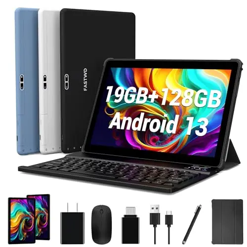 FASTWD 10 Zoll Tablet mit Android 13, 128GB, 5G WiFi, 8MP+13MP, 8000mAh, FaceID, inkl. Tastatur & Stift, Blau