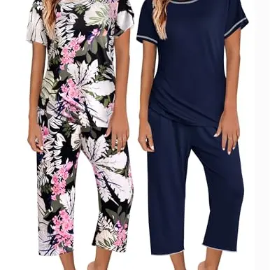 Ekouaer Damen Pyjama Set, Kurzarm Top & 3/4 Hose, Blumen/Navy, 2er Pack