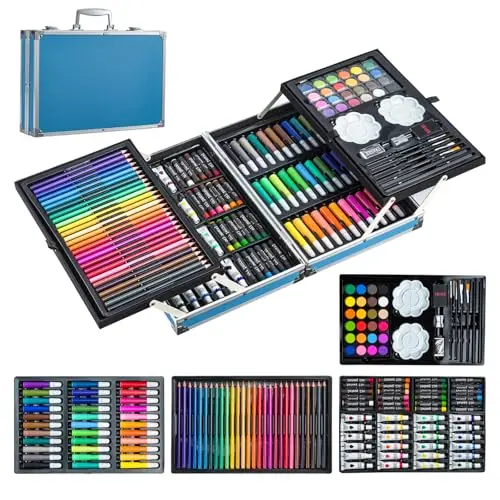 ARATERVIO 144-teiliges Malset im Aluminium-Koffer für Kinder & Erwachsene mit Buntstiften, Aquarellstiften, Pastellen & Farben