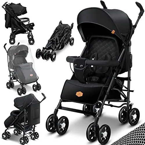 KIDIZ® Kinderwagen City-Pro Buggy - Klappbarer Liegebuggy mit Schlaffunktion, inkl. Moskitonetz, Fußsack und Regenverdeck, Schwarz