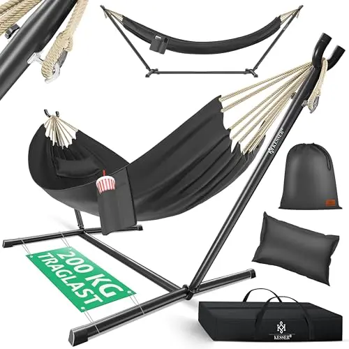 KESSER® Hängematte Lake mit Gestell für 2 Personen, XXL Hängesessel für Garten und Balkon, inkl. Kissen und Tasche, Anthrazit