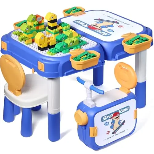 Fygurso Kindertisch mit Stühlen, Spieltisch Set für Kinder ab 3 Jahren, umbaubar in Box mit Rädern