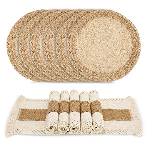 Zology Handgefertigte Boho-Tischsets, 6er-Set, natürliche Baumwolle und Sackleinen, für Esstisch und Küche