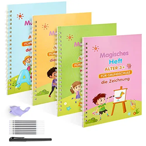 Funvce Magisches Schreibheft für Kinder, 4 Stück, 18,5x13 cm, Wiederverwendbares Übungsheft für Vorschule