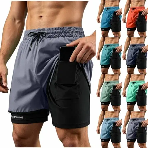 Herren Laufshorts 2 in 1 mit elastischem Bund, Taschen und Kordelzug, ideal für Sport, Fitness & Training