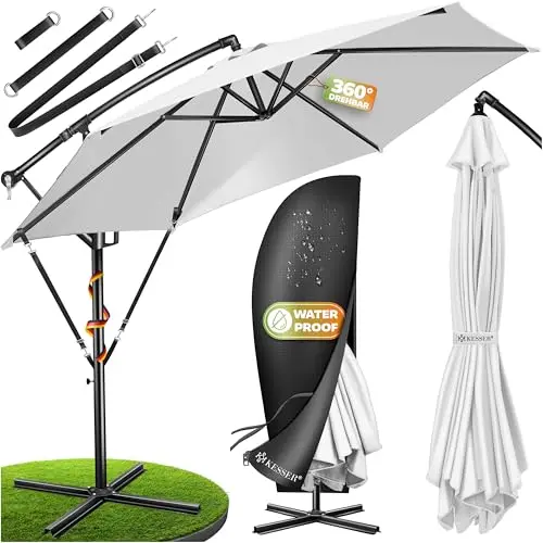KESSER® Sonnenschirm Ø 300 cm, Ampelschirm mit Kurbel, UV- & wasserdicht, windfest, 360° Drehung, inkl. Schutzhülle, Weiß