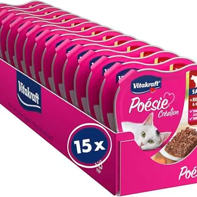 Vitakraft Poésie Création Katzennassfutter in Sauce mit Rind und Karotte, 15x85g, ohne Zucker und Getreide