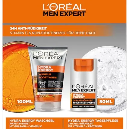 L'Oréal Men Expert Pflegeset gegen müde Haut, Geschenkset mit Waschgel und Gesichtscreme, 24h Anti-Müdigkeit, Vitamin C, Hydra Energy, 1x100ml + 1x50ml