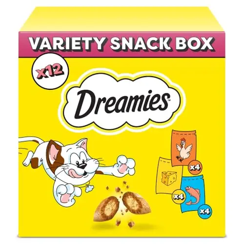 DREAMIES Katzensnacks - 12x60g - Huhn, Käse & Lachs - Knusprige Katzenleckerlies