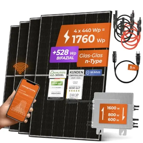 Solarway® 1760W Balkonkraftwerk mit 1600W Wechselrichter - Komplettset mit 440W Solarmodulen