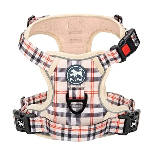 PoyPet Reflektierendes Hundegeschirr mit Griff für tägliches Training und Spaziergänge (Kariertes Beige, XL)