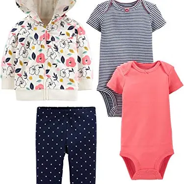 Carter's Baby-Mädchen 4-Teiliges Set: Jacke, Hose und Bodysuit, Blumen und Streifen, 0 Monate