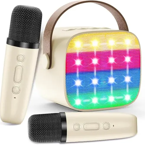 Mini Karaoke Maschine für Kinder mit 2 Mikrofonen, Bluetooth-Lautsprecher, LED-Lichter & Stimmeffekten, für Kinder ab 3 Jahren