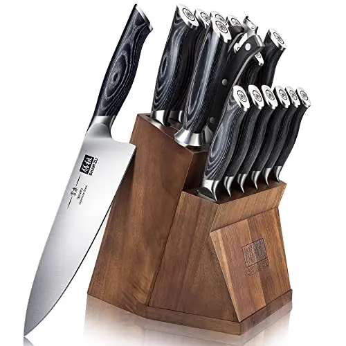 SHAN ZU Messerblock Set, 16-tlg. Japanische Kochmesser mit Abnehmbarem Block, Ergonomischer Griff, Genbu Serie