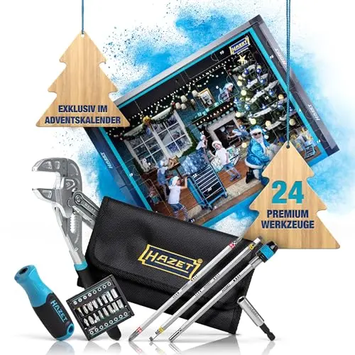 HAZET Adventskalender 2024 I 24-teiliges Werkzeug-Set inkl. Zangenschlüssel und Gürteltasche I Weihnachtskalender für Schrauber