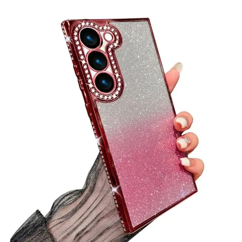 Yhsvie Glitzer Handyhülle für Samsung Galaxy S24 Ultra, Dünn und Stoßfest, Transparentes TPU Cover in Rot
