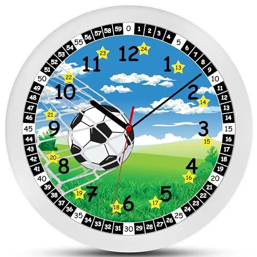 K&L Fußball Lernuhr für Kinder - Lautlose Wanduhr in Blau und Grün, 30 cm