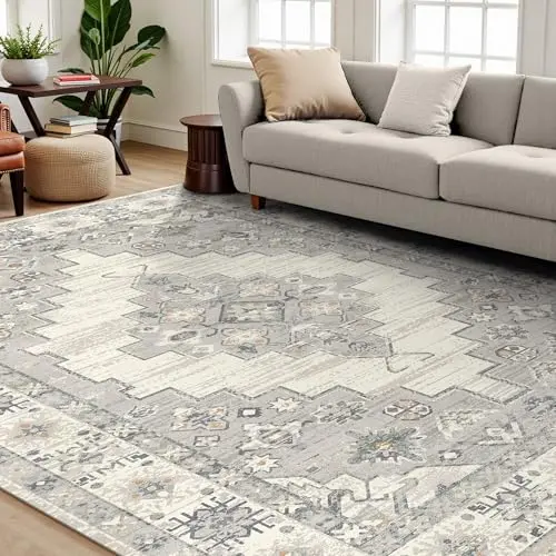 Hawthyhome Vintage Teppich 150x210cm - Waschbar, Anti-Rutsch, Flauschig Weich in Vintage Grau