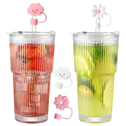 GwaOery 600ml Glasbecher mit Deckel und Strohhalm – Bubble Tea Trinkglas, Longdrinkglas für Saft, Kaffee, Wasser, Eiskaffee und Cocktails