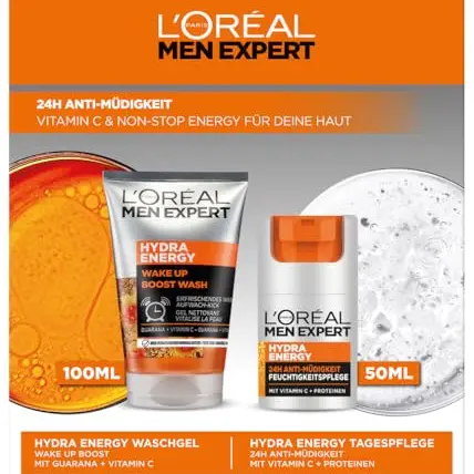 L'Oréal Men Expert Pflegeset gegen müde Haut für Männer – Waschgel und Gesichtscreme mit Vitamin C