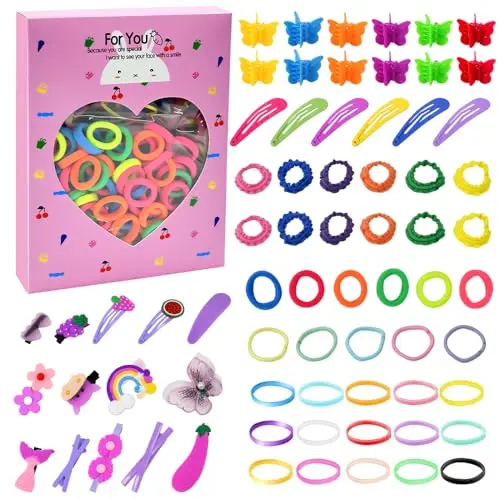 Byfoyif 845 Stück Mädchen Haarschmuck Set mit 600 Haargummis, 200 bunten Haarbändern und 44 Haarspangen
