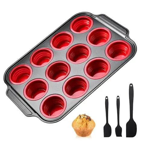 Justup Muffinform für 12 Cupcakes, Antihaft-Silikon mit Metallrahmen & Ölbürste, Faltbares Muffin Tablett (Rot)