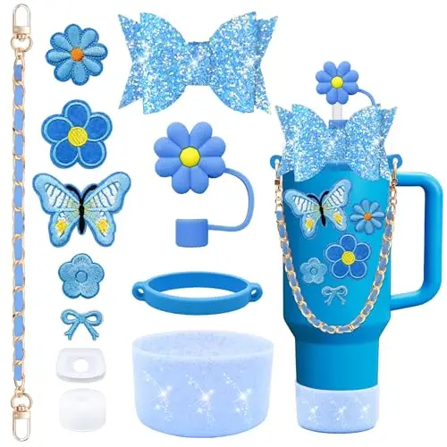 12PCS Stanley Cup Zubehör für 30oz & 40oz Becher mit Griff, inklusive Ledergriff, Dekostrohhalm, Stopper und Aufkleber (Blau)