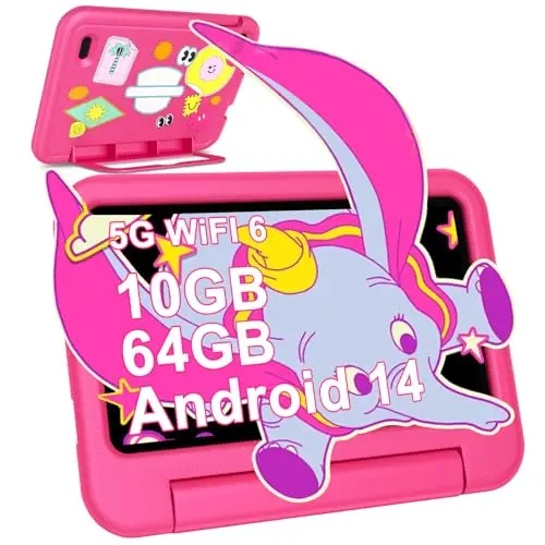 ZIOVO Kinder Tablet 7 Zoll, 10GB RAM, 64GB Speicher, WLAN 6, Octa-Core, Face ID, AI, 3500mAh, USB-C, Bluetooth, EVA-Hülle – Rosa