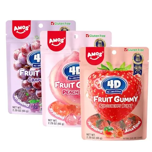 AMOS 4D Fruchtgummis Süßigkeiten Mix, 3 Beutel Ostern Bonbons (Erdbeere, Pfirsich, Traube), Fruchtgummi & Kaugummi, 65 g