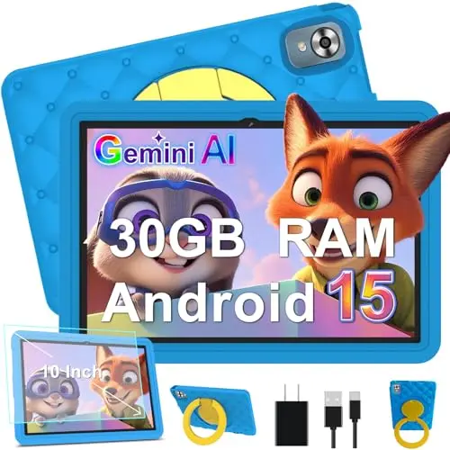 DMOAO Kinder Tablet 10 Zoll mit 8-Kern CPU, 6000 mAh, 5G WLAN, Kids Hülle & Drehständer, Blau