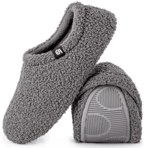 VeracCosy Damen Plüsch Hausschuhe mit Memory Foam und Antirutsch, Grau, Größe 40/41