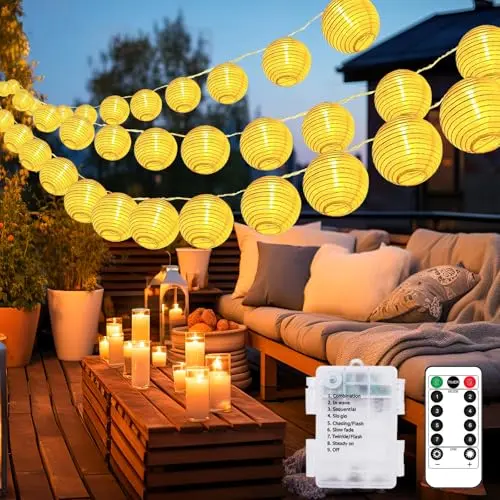 Btfarm Lichterkette mit Fernbedienung - 15 LED Lampions, 6.5M, wasserdicht, 8 Modi, ideal für Balkon & Party
