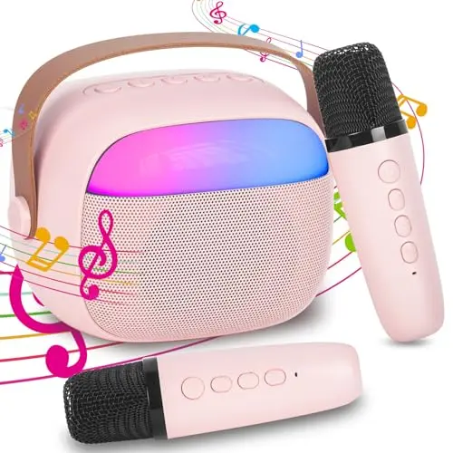 HIGSPE Karaoke Maschine für Kinder mit 2 Mikrofonen, Tragbare Bluetooth Lautsprecher mit LED-Effekten für Heimpartys