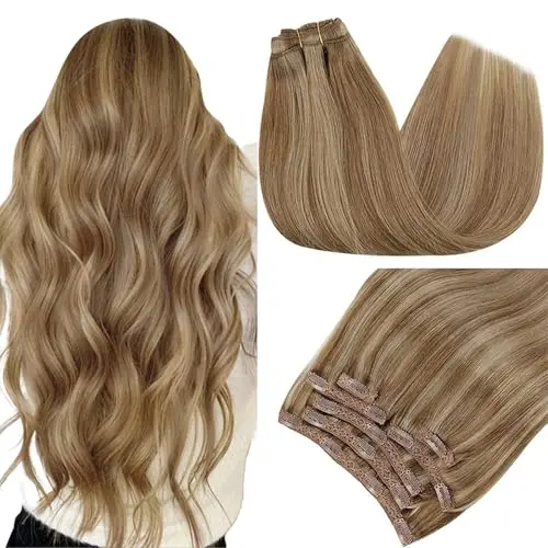RUNATURE Clip-In Echthaar Extensions Braun und Blond 25cm, 7er Set, 80g, Gerade #10P16