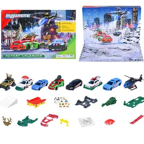 Majorette Auto Adventskalender 2025 mit 8 Metallautos, 16 Zubehörteilen und 24 Fenstern – für Kinder ab 5 Jahre