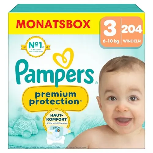 Pampers Premium Protection Größe 3, 204 Windeln, doppelter Hautschutz