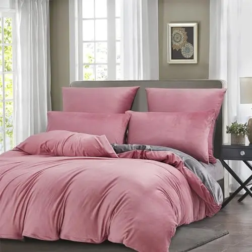 Boqingzhu Plüsch Bettwäsche 135x200cm Wende-Bettwäsche in Rosa und Altrosa, Warm und Kuschelig