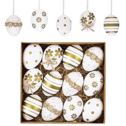 Valery Madelyn 12er Ostereier zum Aufhängen, 6cm, Moderne Plastikeier in Weiß und Gold für Osterdeko und Geschenke