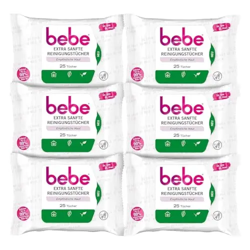 bebe Extra Sanfte Reinigungstücher (6 x 25 Tücher) vegan mit Aloe Vera für empfindliche Haut
