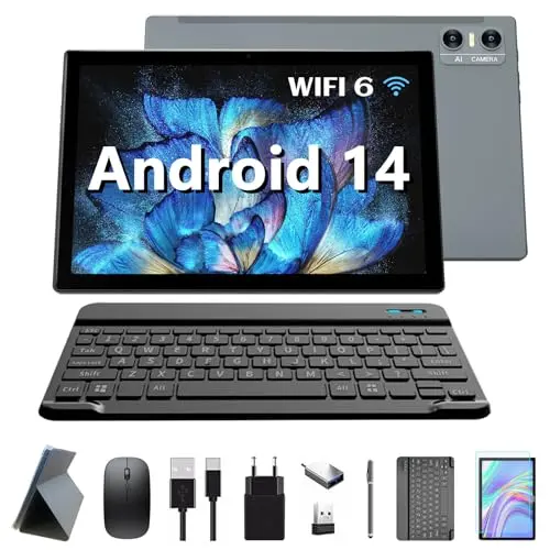 KADYBE 2025 10 Zoll Android 14 Tablet mit WLAN 6, 64GB ROM, Octa-Core, 7000 mAh, inkl. Tastatur, Maus und Stift, 2 Jahre Garantie