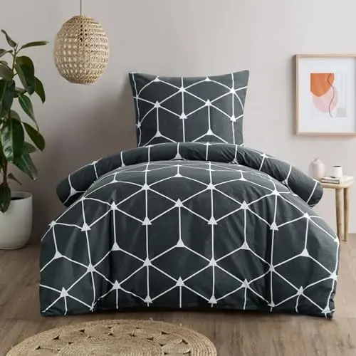RUIKASI Bettwäsche 155x220 cm - 2-teiliges Set Anthrazit mit geometrischem Muster, weich und pflegeleicht