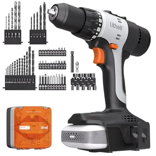 Litheli 20V Akku-Bohrschrauber Set, 64-teilig, mit 2 Ah Akku, 2-Gang, 50 Nm, LED-Leuchte für DIY & Reparatur