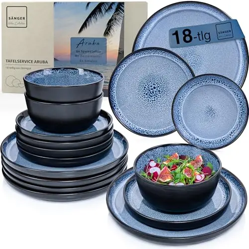 SÄNGER Aruba Steingut Geschirr Set 18 tlg, 6 Personen, Tafelservice blau mit schwarzem Rand