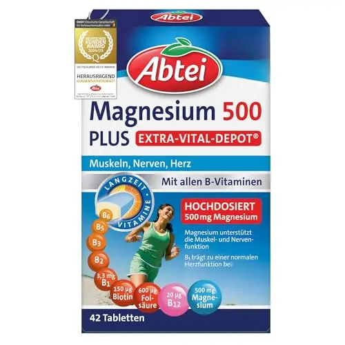 Abtei Magnesium 500 Plus - hochdosiert mit B-Vitaminen für Muskeln, Nerven und Herz - 42 Tabletten