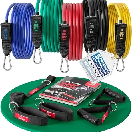 Widerstandsband Set mit Trainingsguide - 5 Fitnessbänder, Griffe, Türanker und Fußschlaufen