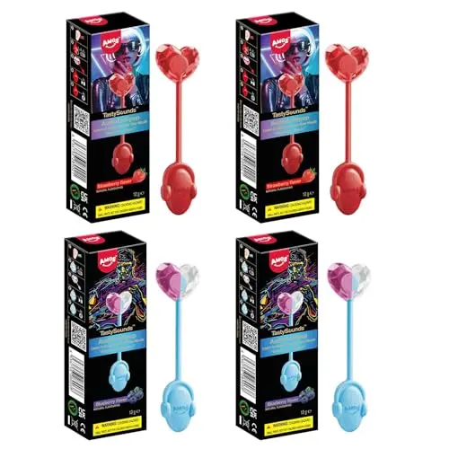 AMOS Audio Lutscher (4er Set: 2x Erdbeere & 2x Blaubeere) - Valentinstag Süßigkeiten Geschenke