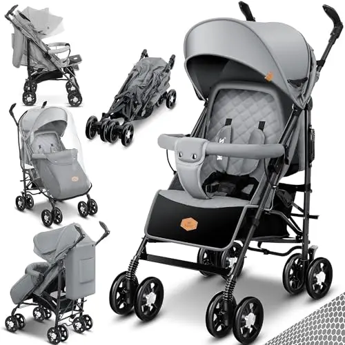 KIDIZ® City-Pro Kinderwagen Buggy klappbar mit Schlaffunktion, inkl. Moskitonetz, Fußsack und Regenverdeck, Grau