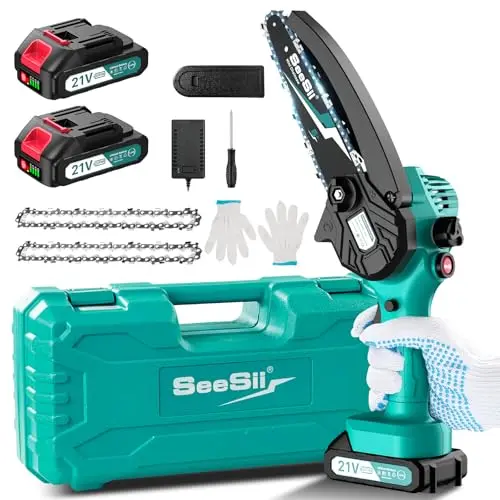 Seesii Mini Kettensäge 6 Zoll mit 2 Akkus und automatischem Öler