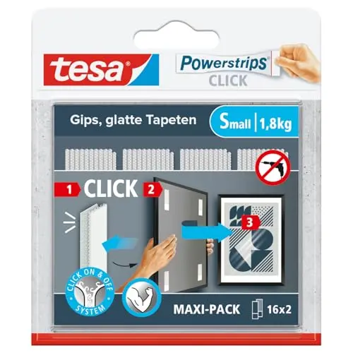tesa Powerstrips CLICK - Klett-Klebepads für Bilderrahmen und Wanddekorationen - selbstklebende Strips - 16 x 2 Stück