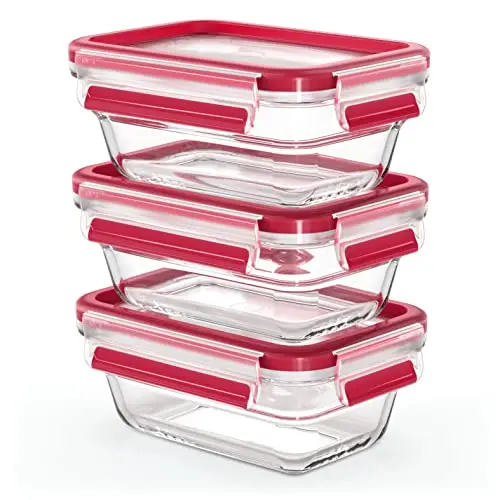 EMSA Clip & Close rechteckige Glas Frischhaltedose, 0,45 L, 100% dicht, rot-transparent, spülmaschinen- und mikrowellenfest